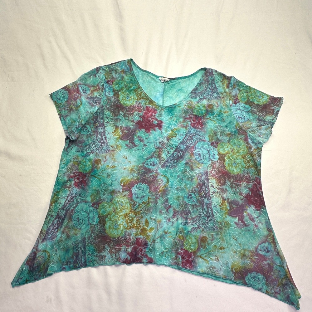 Brittany Black Sharkbite Hem Top Teal Floral Embroidered Boho Cottagecore Flowy